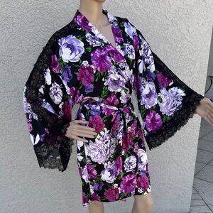 VS Purple and Black Floral Kimono Robe with Sash